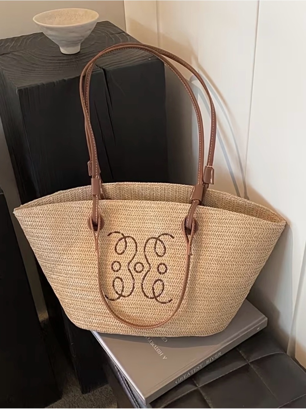 Woven Straw Tote with Brown Leather Handles